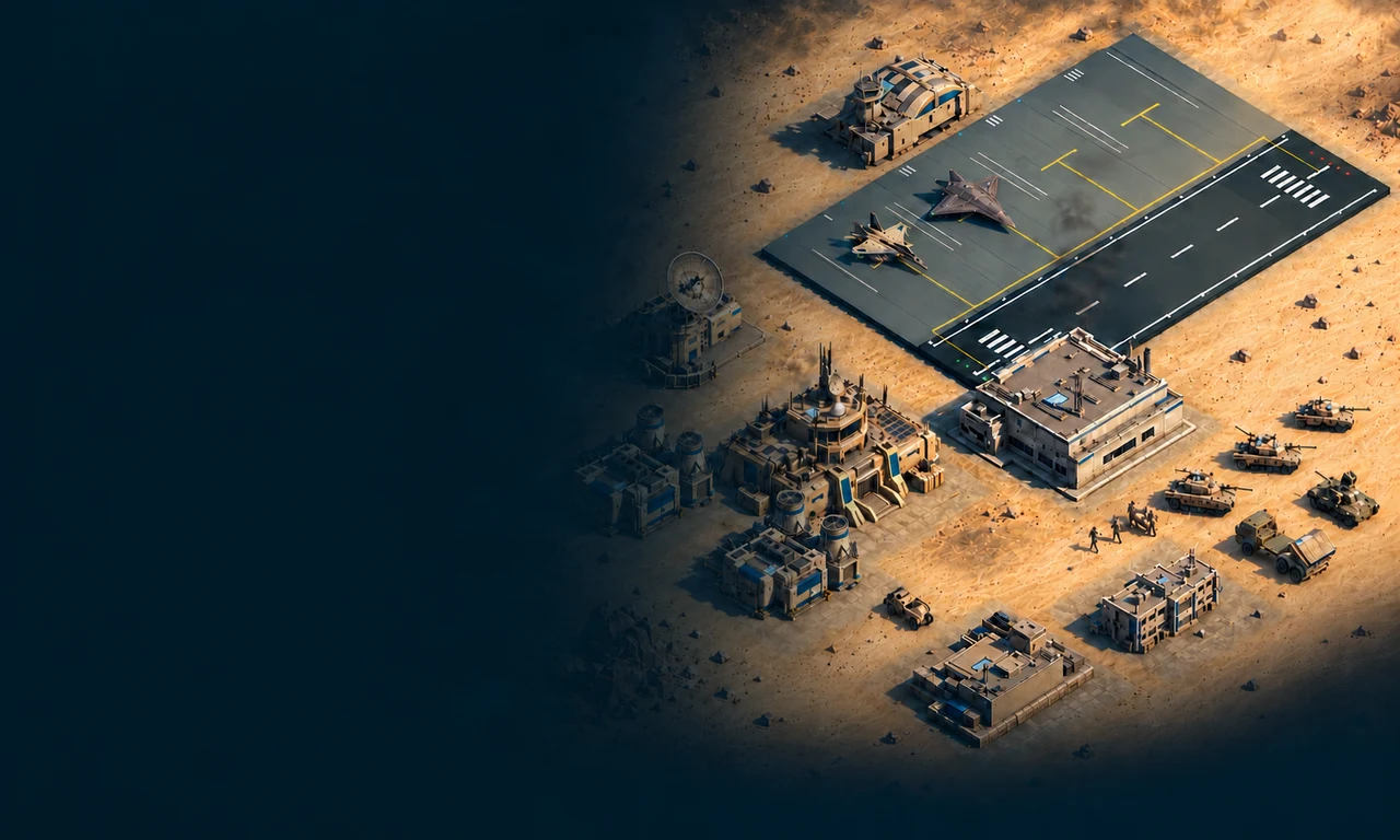 AI-generated cinematic promotional artwork of VORCEND’s desert base and airfield