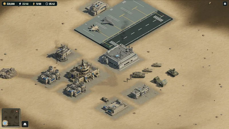 United States forces: staged solo gameplay showing its base and forces